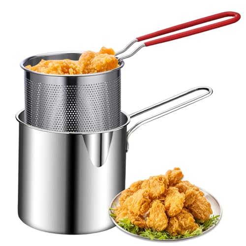 2-teiliges Set mit Fischfritteusentopf und -Korb Fritteusentopf mit Korb 1,2 l Frittierpfanne aus Edelstahl mit Griff unbeschichtet hochglanzpoliert gebürstete Frittiertöpfe von Jorzer