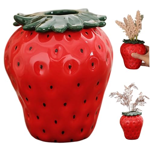 Erdbeervase ausgefallener Keramik-Erdbeer-Übertopf mit abnehmbarem Blatt dekorative einzigartige Blumenvase für Zuhause Büro Küche Gartendekoration von Jorzer