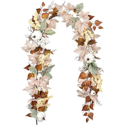 Herbstgirlande 1, 8 m Tannenzapfen Beeren Ahorn Herbstblätter Kürbisgirlande lebensechte hängende Herbstgirlande für die Wand Erntedankfest-Dekoration Herbstblättergirlande von Jorzer