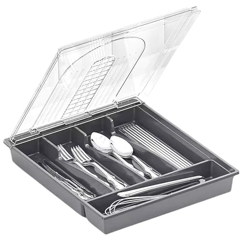 Jorzer Besteck-Organizer mit Deckel abgedeckte Utensilienschale für Küchenschublade und Arbeitsplatte Aufbewahrungsbox aus Kunststoff für Besteck und Essbesteck für Löffel Gabeln grau von Jorzer