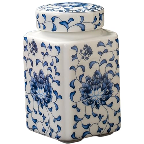 Jorzer Blau-weiße Ingwergläser 200 ml Ingwerglas aus Keramik mit auslaufsicherem Deckel quadratische Chinoiserie-Vase für Heimdekoration Blumenpräsentation und Teeaufbewahrung von Jorzer