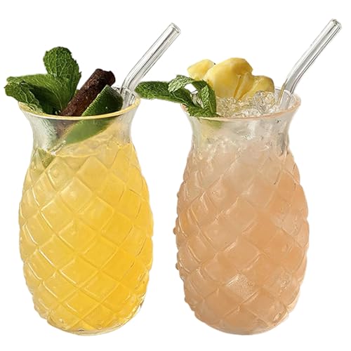 Jorzer Glasbecher mit Strohhalmen Ananasbecher 2 Stück Ananasgläser mit Strohhalmen 14 oz Ananasbecher lustige Cocktailgläser Tiki-Gläser Trinkgefäße in Ananasform von Jorzer