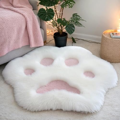 Jorzer Katzenpfoten-Teppich weiß 61 x 61 cm zotteliger süßer Teppich rutschfest hautfreundlich atmungsaktiv Polyester Katzenzimmerdekor für Wohnzimmer Schlafzimmer von Jorzer