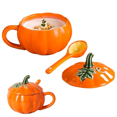 Jorzer Kürbisbecher mit Deckel und Keramiklöffel hitzebeständiger Halloween-Kürbisbecher mit ergonomischem Griff für Milch Kaffee Frühstück von Jorzer