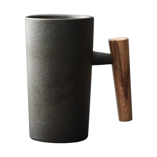 Kaffeetasse mit Holzgriff 220 ml ergonomisch Exquisite Steingut-Vintage-Becher Home-Office-Keramiktasse für Tee Getränke Wasser schwarzer Kaffeebecher von Jorzer