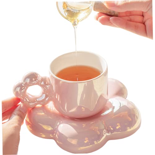 Keramik Kaffeetasse Tee Tasse und Untertasse Set süße Becher mit blumenförmiger Untersetzer 300 ml Latte Tassen Kaffeetassen Set Geschenke für Mädchen Büro Zuhause Rosa Pink von Jorzer