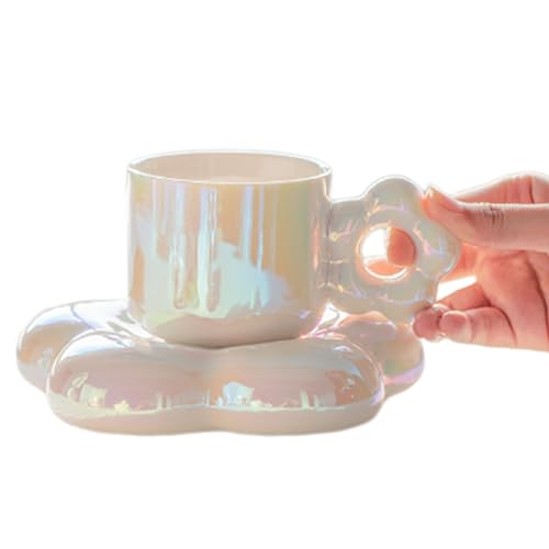 Keramik Kaffeetasse Tee Tasse und Untertassen -Set süße Tasse mit blumenförmiger Untersetzer 300 ml Latte Tassen Kaffeetassen Set Geschenke für Mädchen Büro Zuhause Weiß weiß von Jorzer