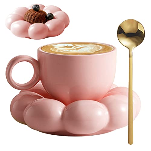 Keramik Kaffeetasse mit Löffel Reise Sonnenblumen Cloud Tasse mit Untertasse 200 ml Nachmittag Tea Tasse Kaffeetasse Geschenkset für Latte, Cappuccino Pink von Jorzer