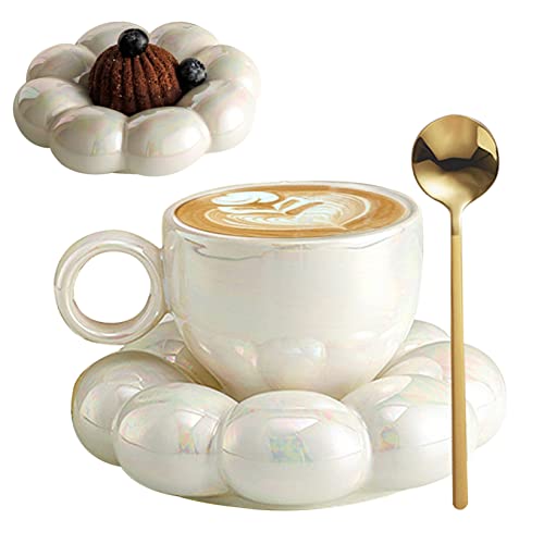 Keramik Kaffeetasse mit Löffel Reise Sonnenblumen Cloud Tasse mit Untertassen 200 ml Nachmittag Tea Tasse Kaffeetasse Geschenkset für Latte, Cappuccino Weiß von Jorzer