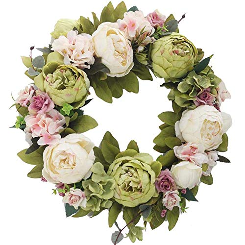 Künstliche Blumenkranz Frühlings-Kranz Artificial Peony Hydrangea-Blumen-Tür-Kranz mit Blumen Deko frühling Deko Kranz,Deko Wandkranz Girlande Kunstpflanzen Hängen Kranz für Frühling und Sommer,40cm von Jorzer