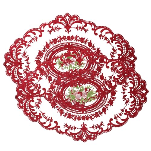 Retro Spitzen Tischsets Französische Spitzen Tischsets 2 Stück Mit Blumen Bestickt Ovales Netz Vintage Stil 41,9 X 31,8cm Deckchen Kaffee Und Tee Tischsets Für Zuhause Hochzeit Esstisch Weinrot von Jorzer