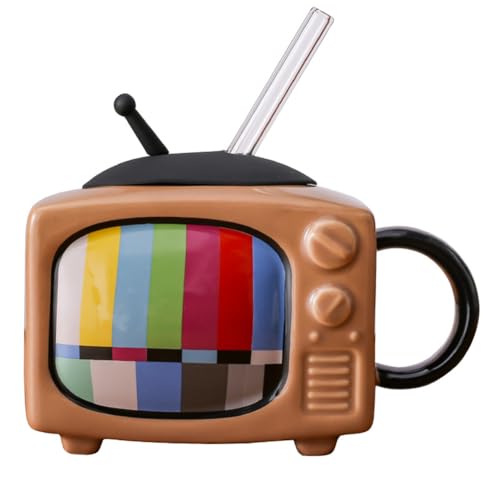 Joselin Kaffeetassen-Set Aus Keramik, Quadratisch, mit Strohhalm und Deckel, Teetasse Fürs Büro, Retro-TV - Schokolade von Joselin