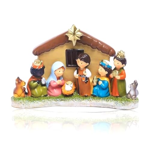 Joselin Mini Krippenset Innenkrippe mit LED-Licht, Enthält 1 Futterkrippe und 8 Figurenstatuen-Set Kit von Joselin