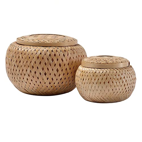 2 kleine dekorative Bambuskörbe mit Deckel zur Aufbewahrung von Kleinigkeiten handgefertigt und geflochten Bambusbox von Josenidny