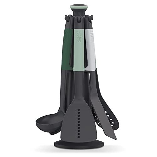 Joseph Joseph Elevate Küchenhelfer-Set, 6-teilig mit drehbarem Ständer, ergonomische Silikongriffe, antihaftbeschichtete Köpfe – Salbeigrün, Grün, 12 von Joseph Joseph