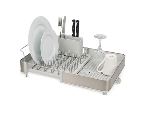 Joseph Joseph Extend Steel Erweiterbares Abtropfgestell mit Abnehmbarem Besteckhalter, schwenkbarem Abtropfstutzen, Geschirrständer, Edelstahl/Stein von Joseph Joseph