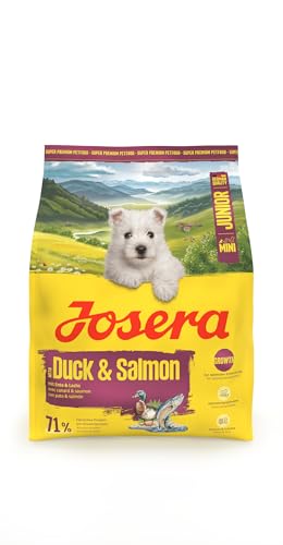 JOSERA Mini Junior Ente & Lachs (1 x 900 g) | Premium Trockenfutter für wachsende Hunde bis 10 kg ab der 6. Woche | Welpenfutter zur optimalen Entwicklung | kleine Kroketten | glutenfrei | 1er Pack von Josera