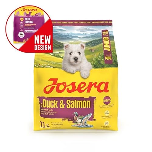 JOSERA Mini Junior Ente & Lachs (5 x 900 g) | Premium Trockenfutter für wachsende Hunde bis 10 kg ab der 6. Woche | Welpenfutter zur optimalen Entwicklung | kleine Kroketten | glutenfrei | 5er Pack von Josera