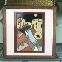 Vintage Steinzeug Handbemalt Gerahmte Fliese Untersetzer Viereck Wandbehang Dekor Volkskunst Mid Century von JoshuaTreeGoods