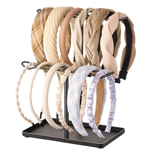 Josmimic Schmuck-Organizer für Haar-Accessoires: zweistöckiger Ständer mit Ablageschale für Mädchen, perfekt für Schminktisch, Kommode oder Badezimmer, schwarzes Tablett mit schwarzen Stäben von Josmimic