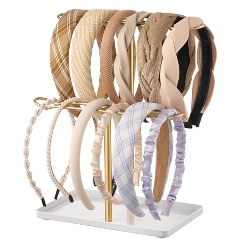 Josmimic Schmuck-Organizer für Haar-Accessoires: zweistöckiger Ständer mit Ablageschale für Mädchen, perfekt für Schminktisch, Kommode oder Badezimmer, weißes Tablett mit goldenen Stäben von Josmimic