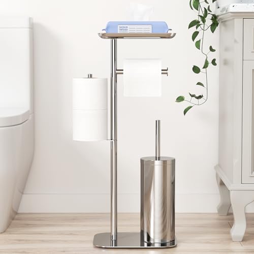 Toilettenpapierhalter Stehend Silber mit Bürste - Klopapierhalter Stehend mit Klobürste, WC Garnitur mit Feuchttücherbox und Toilettenbürste von Josmimic