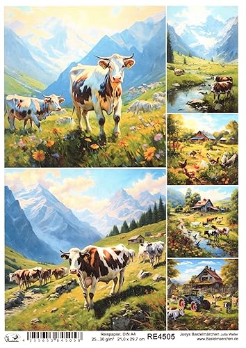 Josys Bastelmärchen Reispapier A4 Strohseide Decoupage Berge Bauernhof Kühe Hühner Bach RE4505 von Josys Bastelmärchen