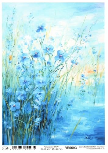 Josys Bastelmärchen Reispapier A4 Strohseide Decoupage Blaue Blumen See Malerei Vintage RE5593 von Josys Bastelmärchen
