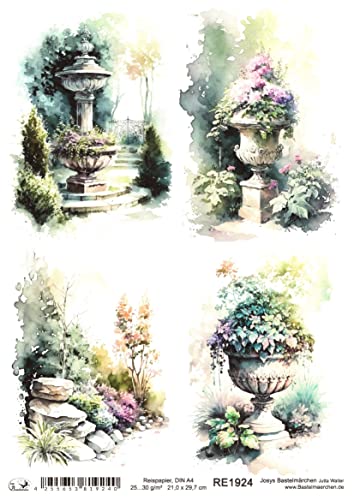 Josys Bastelmärchen Reispapier A4 Strohseide Decoupage Blumen Garten Statue Blumentopf RE1924 von Josys Bastelmärchen