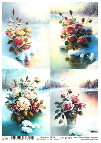 Josys Bastelmärchen Reispapier A4 Strohseide Decoupage Blumen Rosen EIS Winter Landschaft RE2331 von Josys Bastelmärchen