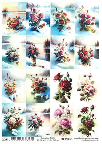 Josys Bastelmärchen Reispapier A4 Strohseide Decoupage Blumen Rosen EIS Winter Landschaft RE2333 von Josys Bastelmärchen