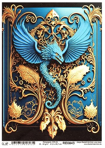 Josys Bastelmärchen Reispapier A4 Strohseide Decoupage Buch Cover Drachen mystisch blau Gold RE0843 von Josys Bastelmärchen