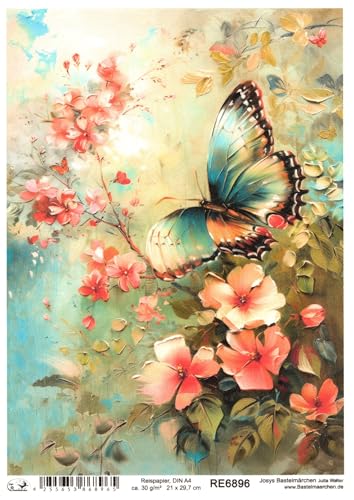Josys Bastelmärchen Reispapier A4 Strohseide Decoupage Bunte Blumen Vintage Schmetterling RE6896 von Josys Bastelmärchen