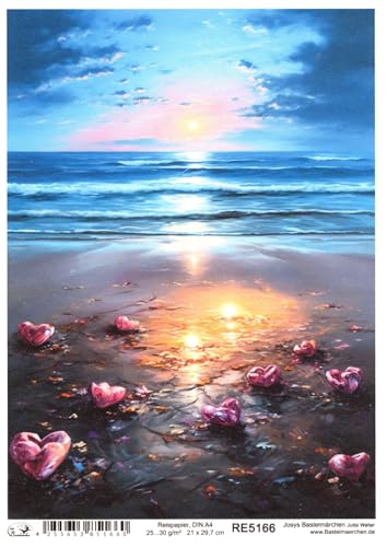 Josys Bastelmärchen Reispapier A4 Strohseide Decoupage Fantasie Liebe Herzen am Strand Meer RE5166 von Josys Bastelmärchen