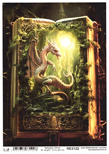 Josys Bastelmärchen Reispapier A4 Strohseide Decoupage Fantasy Mystik Zauberbuch Drachen RE3122 von Josys Bastelmärchen