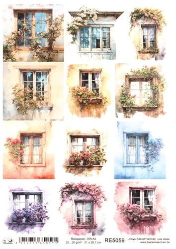 Josys Bastelmärchen Reispapier A4 Strohseide Decoupage Fenster mit Blumen Haus Rosen RE5059 von Josys Bastelmärchen