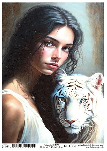 Josys Bastelmärchen Reispapier A4 Strohseide Decoupage Frau mit weißem Tiger RE4085 von Josys Bastelmärchen