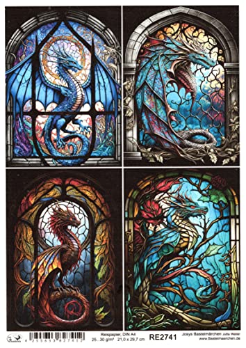 Josys Bastelmärchen Reispapier A4 Strohseide Decoupage Glaskunst Fenster Tiffany Drachen RE2741 von Josys Bastelmärchen