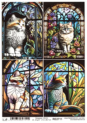 Josys Bastelmärchen Reispapier A4 Strohseide Decoupage Glaskunst Fenster Tiffany Katze RE2711 von Josys Bastelmärchen