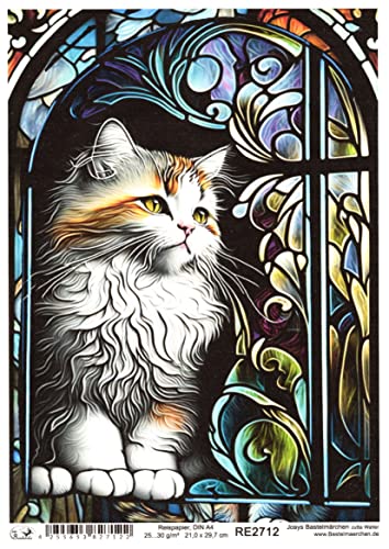 Josys Bastelmärchen Reispapier A4 Strohseide Decoupage Glaskunst Fenster Tiffany Katze RE2712 von Josys Bastelmärchen