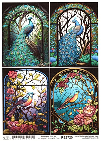 Josys Bastelmärchen Reispapier A4 Strohseide Decoupage Glaskunst Fenster Tiffany Pfau Vogel RE2720 von Josys Bastelmärchen