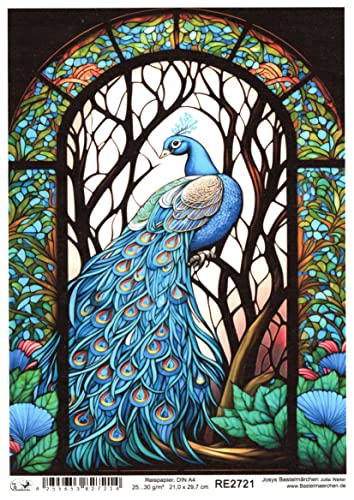 Josys Bastelmärchen Reispapier A4 Strohseide Decoupage Glaskunst Fenster Tiffany Pfau Vogel RE2721 von Josys Bastelmärchen