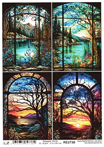 Josys Bastelmärchen Reispapier A4 Strohseide Decoupage Glaskunst Fenster Tiffany See Berge RE2738 von Josys Bastelmärchen