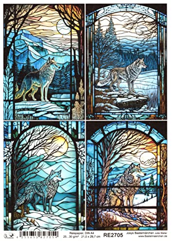 Josys Bastelmärchen Reispapier A4 Strohseide Decoupage Glaskunst Fenster Tiffany Wolf RE2705 von Josys Bastelmärchen