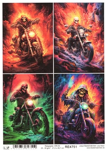 Josys Bastelmärchen Reispapier A4 Strohseide Decoupage Halloween Motorrad Bike Skelett Skull RE4751 von Josys Bastelmärchen