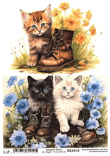 Josys Bastelmärchen Reispapier A4 Strohseide Decoupage Kätzchen Katze Stiefel auf Blumenwiese RE4410 von Josys Bastelmärchen