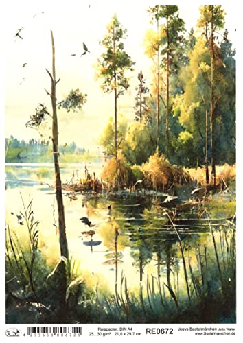 Josys Bastelmärchen Reispapier A4 Strohseide Decoupage Landschaft See Bäume Vögel Idylle RE0672 von Josys Bastelmärchen