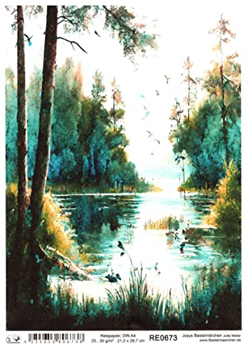 Josys Bastelmärchen Reispapier A4 Strohseide Decoupage Landschaft See Bäume Vögel Idylle RE0673 von Josys Bastelmärchen