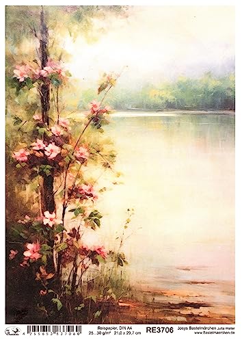 Josys Bastelmärchen Reispapier A4 Strohseide Decoupage Landschaft See Blumen Malerei Vintage RE3706 von Josys Bastelmärchen