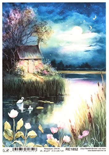 Josys Bastelmärchen Reispapier A4 Strohseide Decoupage Landschaft See Blumen Nacht Hütte Mond RE1852 von Josys Bastelmärchen